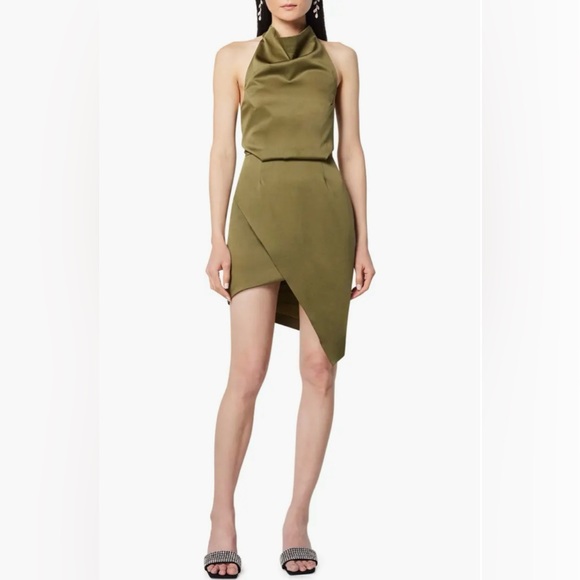 ELLIAT | Camo Asymmetric Satin Cocktail Dress in Khaki Green, NWT, Large - Picture 1 of 4